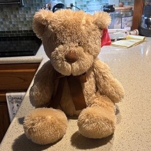 Adorable Tan Teddy Bear with Brown Bow